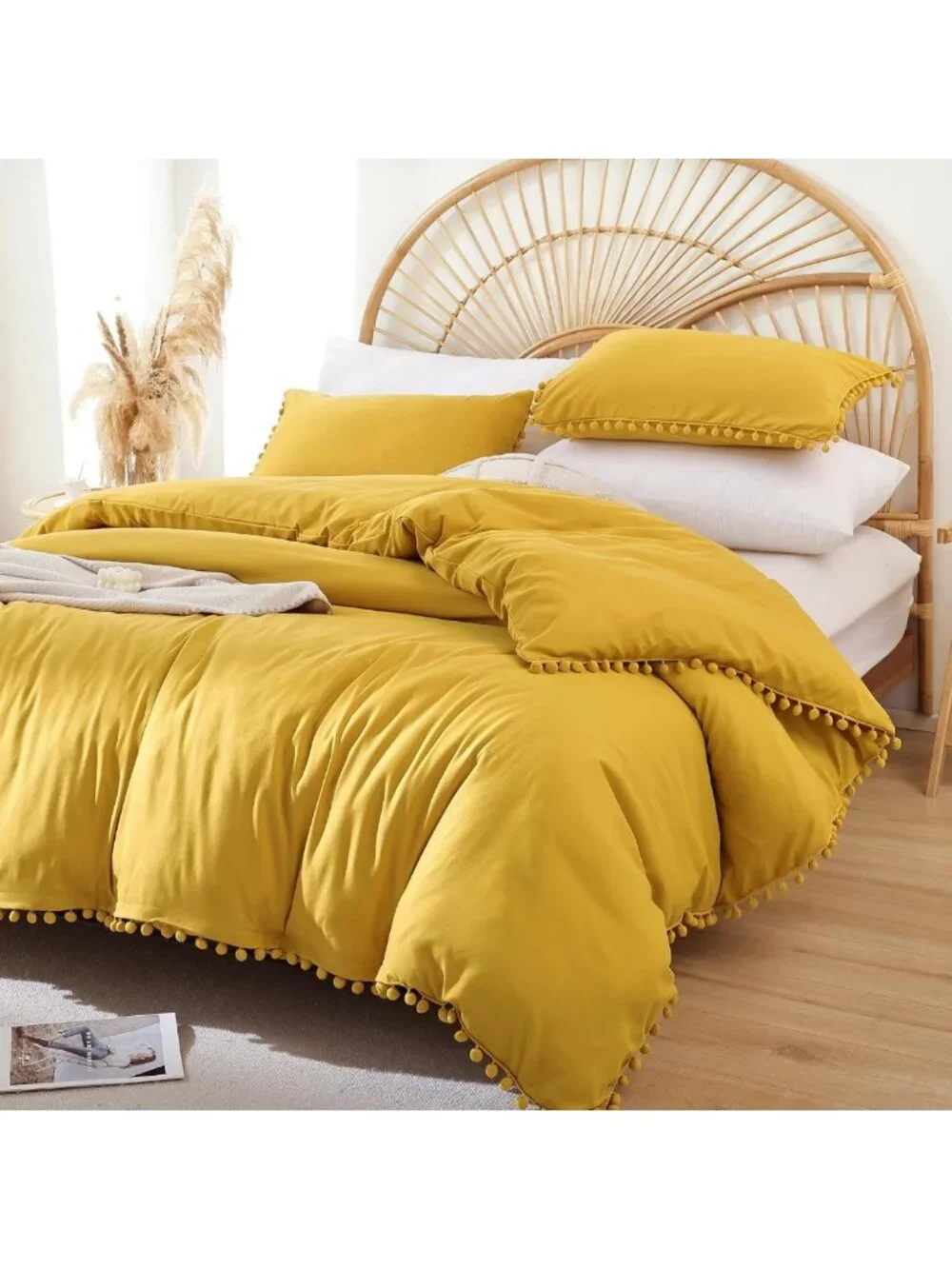 Cozy Mustard Yellow Twin Comforter Set with Ball Pom Fringe - 2 Piece Bedding